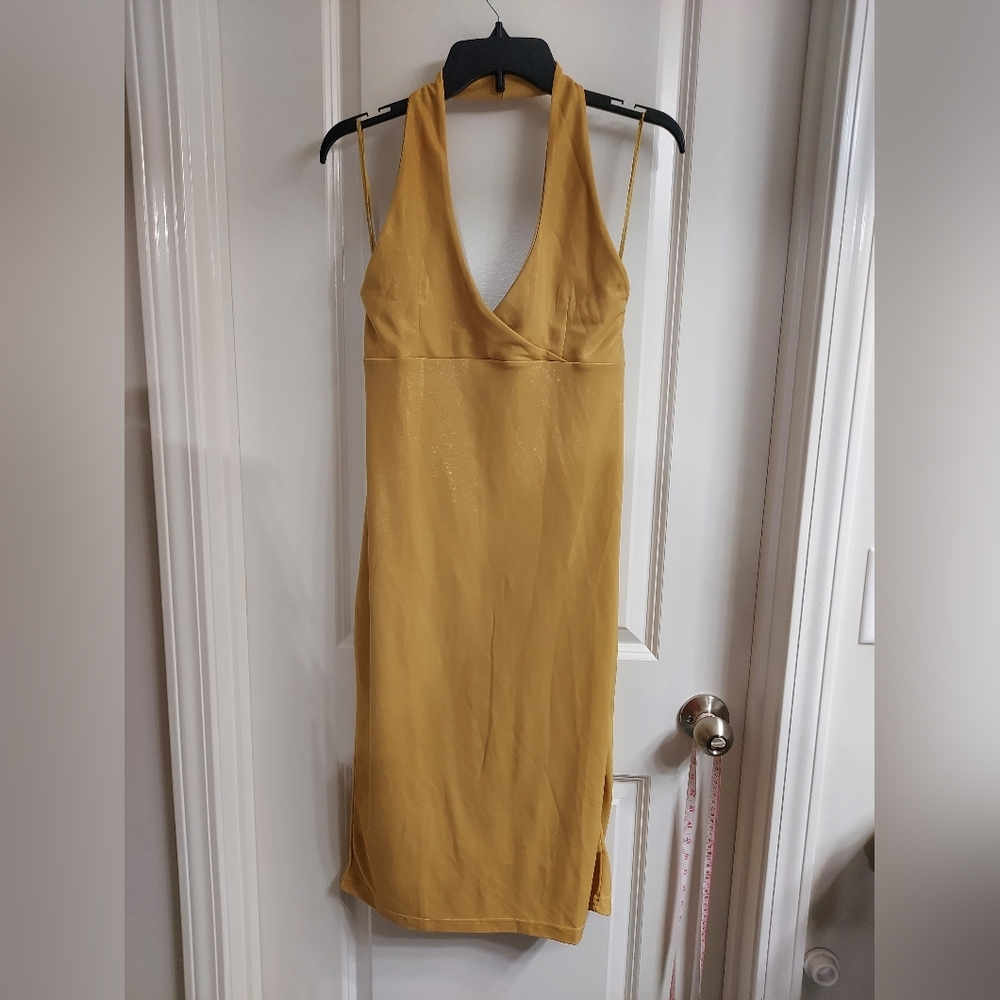 NWT Hennes Collection Gold Backless Slip Dress with Plunge Halter Neckline, 40